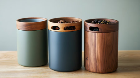 Discover these elegant ceramic storage jars with wooden lids, perfect for organizing spices or herbs while enhancing modern kitchen aesthetics and functionality.の素材