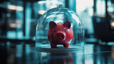 A striking image of a red piggy bank placed under a glass dome, representing the idea of financial security and savings. The modern workspace setting adds an element of professionalism and focus on economic well-being.の素材