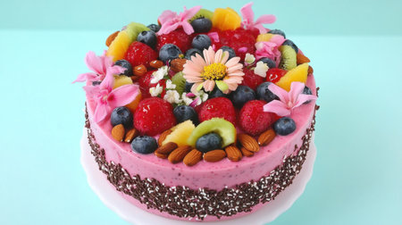 A stunning fruit-topped cake featuring fresh berries, vibrant flowers, and crunchy almonds, perfect for any celebration or special occasion.の素材
