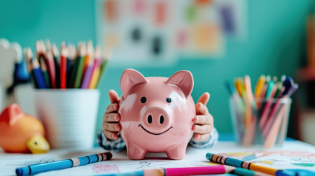A cheerful child holds a pink piggy bank in a vibrant learning area, surrounded by colorful crayons, reflecting creativity, savings, and playful learning.の素材