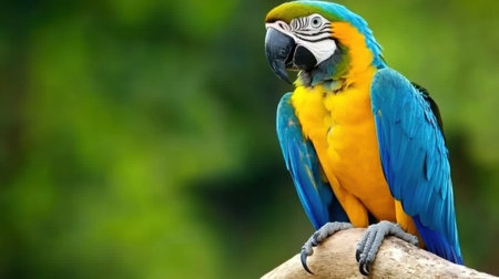 A stunning blue and yellow macaw perches gracefully on a branch, showcasing its vibrant feathers against a lush green backdrop, emphasizing its natural beauty.の素材