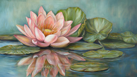 A stunning pink water lily blooms gracefully on a serene pond, its reflection mirrored on the still water surface amid lush green lily pads.の素材