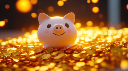 A delightful piggy bank with a cheerful smile sits atop a mound of striking gold coins, creating an enchanting scene that symbolizes wealth and prosperity.の素材