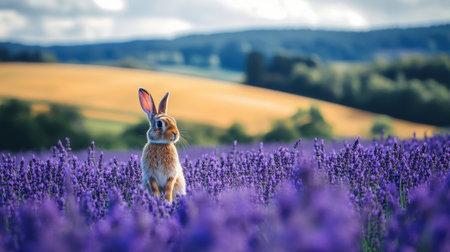 A charming rabbit stands gracefully in a vibrant lavender field, showcasing the beauty of nature. The serene countryside backdrop adds to the tranquility of the scene, making it ideal for themes of peace and harmony in nature.の素材