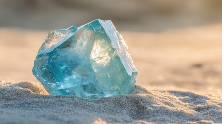A stunning blue crystal rock sits on warm sandy beach, illuminated by soft sunlight. The unique textures and colors create a serene coastal atmosphere.の素材