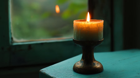 A serene candle with a gentle flame rests on a rustic surface next to an open window, inviting warm light and natural vibes into the cozy space.の素材