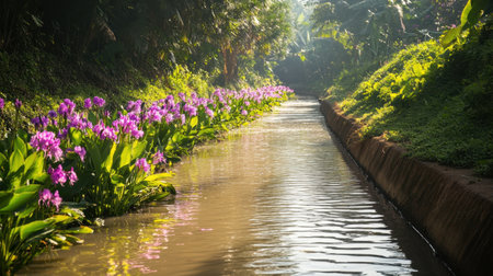 A beautiful nature scene featuring a serene waterway bordered by vibrant purple orchids and lush greenery, evoking peace and tranquility.の素材