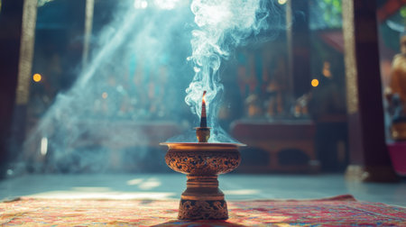 The image captures a beautifully crafted incense holder amid a temple interior, with wisps of smoke rising through soft sunlight, creating a tranquil atmosphere perfect for meditation and reflection.の素材
