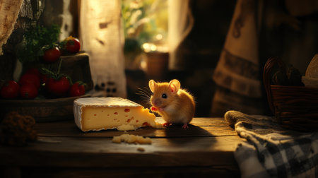 A charming scene featuring a small mouse enjoying a piece of cheese on a rustic wooden table. The warm light creates a cozy atmosphere, enhanced by fresh tomatoes and a homey kitchen backdrop, capturing the delightful spirit of nature.の素材