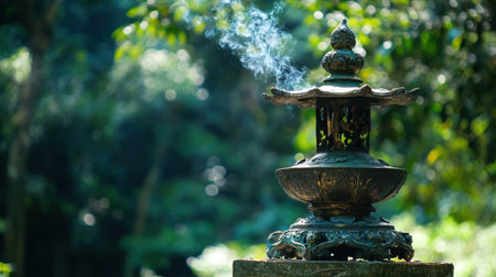 This stunning image captures an ornate bronze incense burner in a natural setting, with delicate wisps of smoke rising amid lush greenery. Perfect for conveying peace and spirituality.の素材