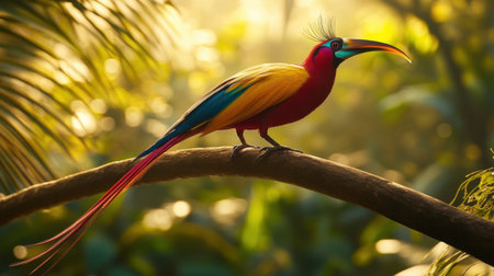 A stunning tropical bird showcases vibrant hues of red, yellow, and blue while perched on a branch. The soft morning light filters through lush foliage, creating a serene atmosphere that emphasizes the natural beauty of wildlife in a rainforest setting.の素材