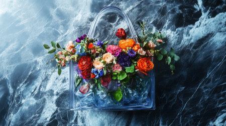 A stunning transparent handbag brimming with fresh, colorful flowers is showcased against a sleek black marble background, creating a striking visual allure.の素材
