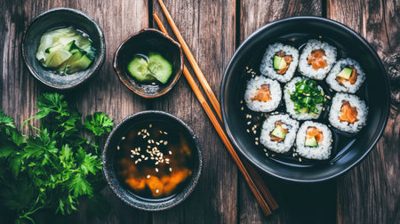 A beautifully arranged sushi bowl featuring fresh salmon and vegetables, served with soy sauce and pickled vegetables on a rustic wooden table.の素材