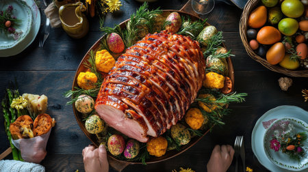 A beautifully presented Easter feast featuring a glazed roasted ham surrounded by colorful decorated eggs, fresh herbs, and seasonal side dishes on a rustic wooden table.の素材