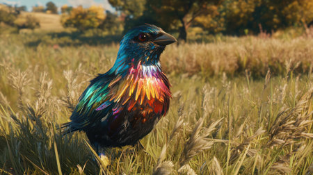 A beautiful iridescent bird stands gracefully in a vibrant field, showcasing its colorful feathers under the warm golden light of sunset, embodying nature's elegance.の素材