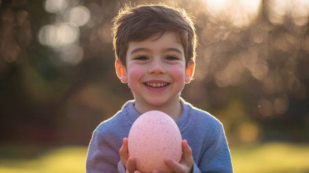 A cheerful young boy joyfully holds a pink egg in his hands, radiating happiness in a bright outdoor setting, capturing the essence of childhood wonder.の素材