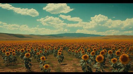 A breathtaking view of a sunflower field stretches across the horizon, showcasing vibrant yellow flowers against a backdrop of bright blue skies and fluffy clouds.の素材