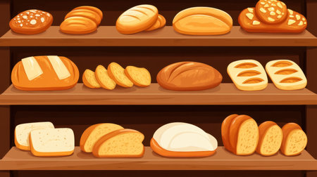 A delightful display of various freshly baked breads and pastries arranged on wooden shelves, showcasing a tempting assortment of textures and colors.の素材