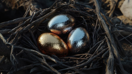 This captivating image features three shiny decorative eggs in gold and silver colors nestled within a natural twig nest, portraying a sense of luxury and creativity.の素材