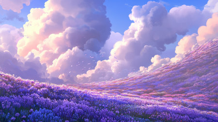 A stunning lavender field stretches across the landscape, adorned with vibrant purple flowers. Dramatic pastel clouds fill the sky, creating a serene atmosphere.の素材