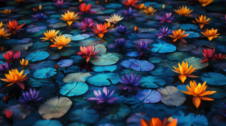A stunning display of vibrant water lilies floating gracefully on a calm pond, showcasing a rich palette of colors and lush surrounding foliage.の素材