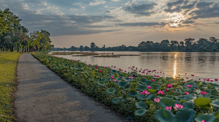 A serene lakeside pathway lined with vibrant lotus flowers, as the sun sets behind gentle clouds, creating a tranquil atmosphere for outdoor enjoyment.の素材