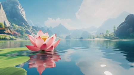 A stunning image featuring a vibrant pink lotus flower gracefully floating on a tranquil lake, surrounded by majestic mountains and lush greenery. The scene captures the essence of nature's beauty and serenity.の素材