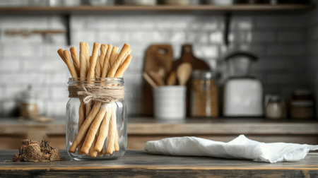 A rustic kitchen scene showcases freshly baked breadsticks arranged in a glass jar, accentuated by warm natural light and minimalist decor, creating a cozy culinary atmosphere.の素材
