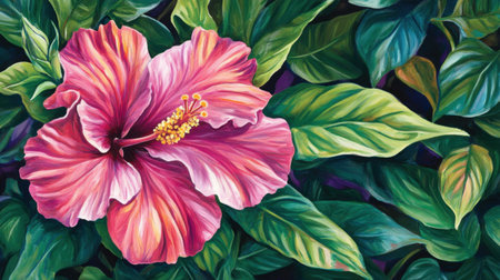 This stunning close-up of a pink hibiscus flower set among vibrant green leaves captures the essence of tropical beauty and natural elegance.の素材