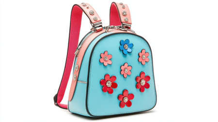 This trendy blue backpack features a floral design with decorative straps, perfect for young fashion enthusiasts. Ideal for everyday use, it combines style and functionality.の素材