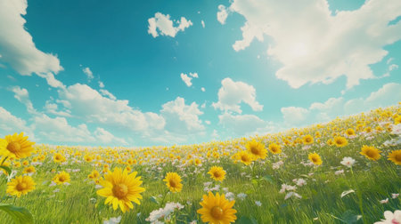 A stunning view of a field filled with vibrant sunflowers blooming under a bright blue sky adorned with fluffy white clouds. This serene landscape captures the essence of nature with its colorful display and tranquil ambiance, evoking feelings of peace and happiness.の素材