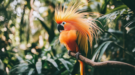 This stunning image features a vibrant tropical bird with striking orange feathers, elegantly perched on a branch, surrounded by rich greenery in its natural habitat.の素材