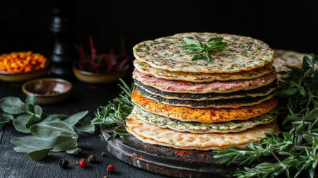 A stunning arrangement of colorful herb-infused flatbreads stacked on a rustic wooden board, surrounded by fresh greens and various spices, showcasing culinary creativity.の素材