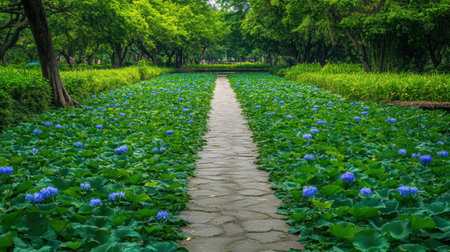 A picturesque pathway leads through a vibrant field of blue lotus flowers, surrounded by lush greenery, creating a tranquil oasis in a serene park setting.の素材
