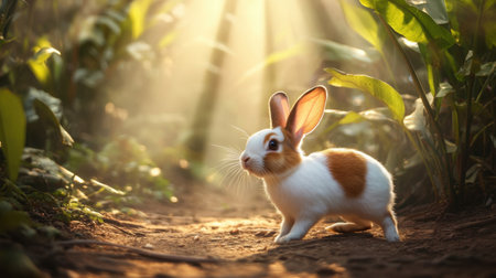 A charming young rabbit explores a sunlit path in a tranquil forest. The soft light filters through the lush greenery, creating a peaceful scene of nature.の素材