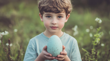 A young boy stands in a lush green field, holding a pale blue egg with a look of wonder on his face, capturing the essence of childhood curiosity and discovery.の素材