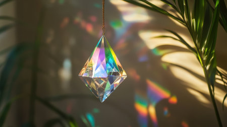 A stunning crystal prism reflecting a spectrum of colorful light creates a magical atmosphere enhanced by soft shadows and foliage.の素材
