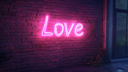 A vibrant neon pink sign reading "Love" glows against a textured brick wall, creating a romantic atmosphere perfect for urban decor or artistic projects.の素材