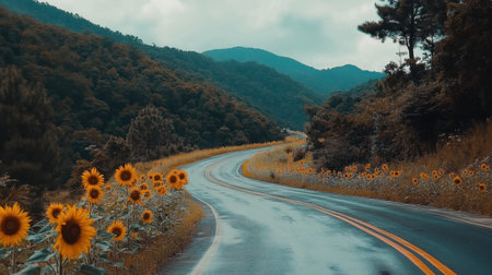 A captivating view of a winding road bordered by vibrant sunflowers, leading into a lush mountainous landscape under a dramatic sky. Ideal for travel themes.の素材