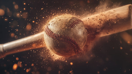 This dynamic image captures the exhilarating moment of a baseball bat striking the ball, sending dust particles flying, showcasing energy and motion in sports.の素材
