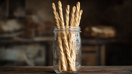 A charming composition of twisted breadsticks elegantly arranged in a glass jar, set against a rustic wooden surface, perfect for culinary inspiration.の素材