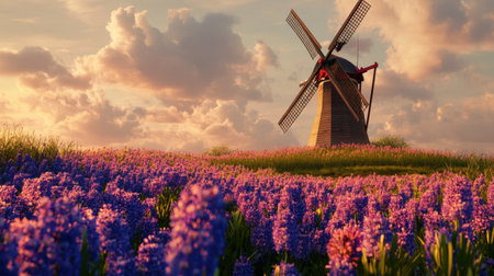 A picturesque windmill stands majestically amid a vibrant field of purple flowers, illuminated by a stunning sunset, creating a serene rural atmosphere.の素材