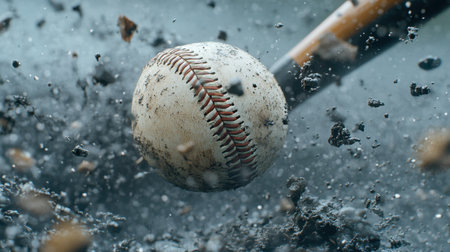 A thrilling action shot capturing a baseball in mid-flight as it is struck by a bat, creating an explosion of dirt and debris, showcasing the energy of sports.の素材