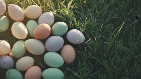 A beautiful arrangement of colorful Easter eggs scattered across lush green grass, symbolizing the joy and renewal of the spring season. Perfect for festive visuals.の素材