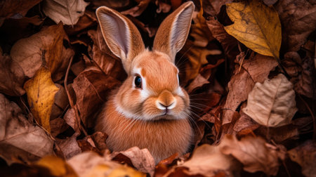 This enchanting image features a cute brown rabbit nestled among colorful autumn leaves, creating a cozy and serene atmosphere in nature.の素材