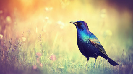 A stunning close-up of a vibrant bird perched on grass, surrounded by a softly blurred, colorful background. This serene wildlife scene evokes tranquility and beauty.の素材