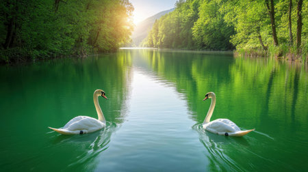 This stunning image features graceful swans floating on shimmering green waters, framed by vibrant trees, creating a peaceful and idyllic natural setting.の素材