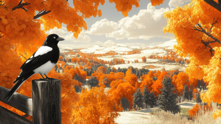 A stunning autumn scene showcasing a black and white bird perched on a wooden fence, surrounded by vibrant orange trees and a breathtaking landscape.の素材