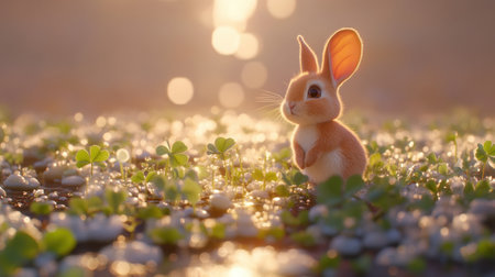 A charming young rabbit gazes curiously in a lush meadow filled with clovers, illuminated by soft golden sunlight, creating a tranquil scene.の素材