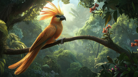 This captivating image showcases a stunning tropical bird perched on a branch in a lush jungle. Surrounded by vibrant flowers and bathed in soft natural light, it presents a serene and enchanting view of wildlife in its natural habitat.の素材
